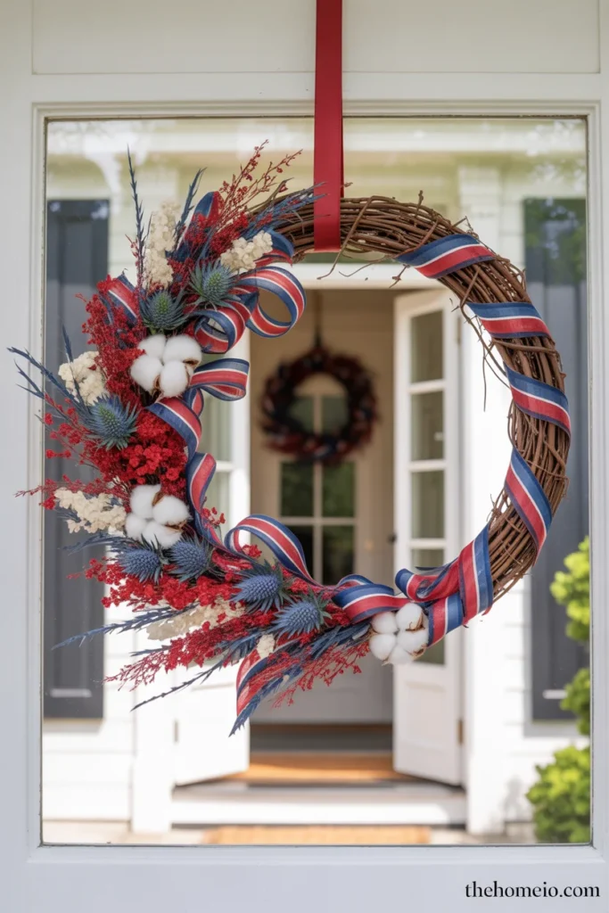 home front door with large handcrafted patriotic grapevine wreath layered with red blue ribbon white cotton stems and blue thistle