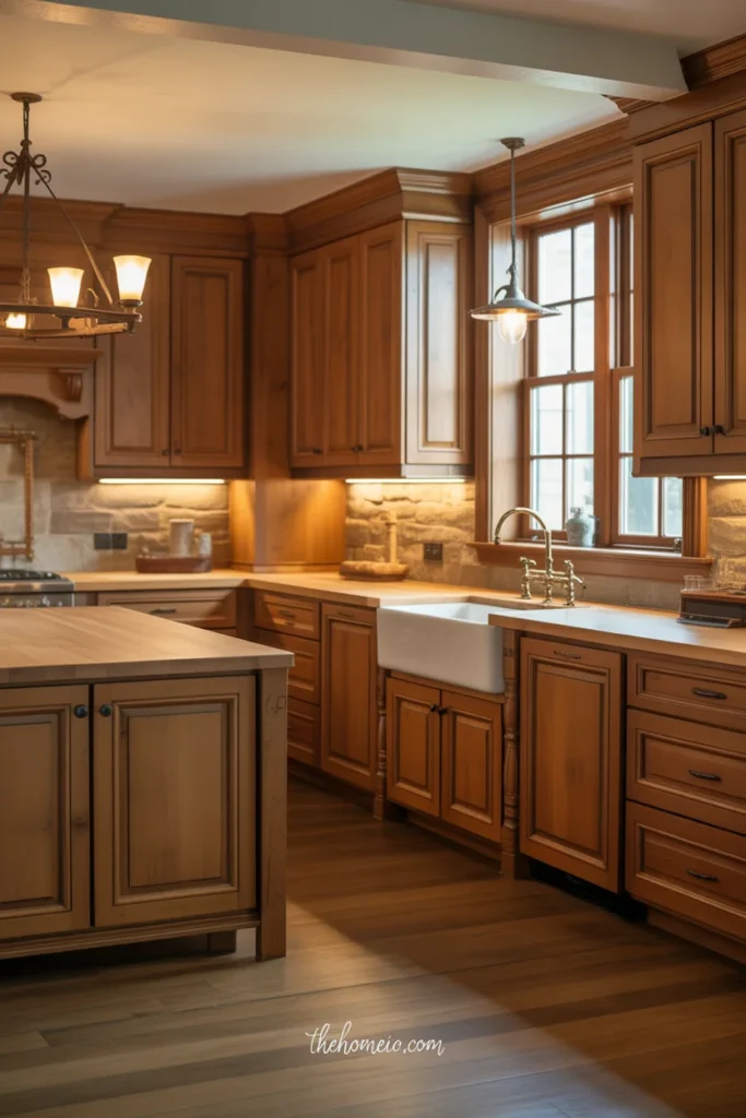 Rustic kitchen with warm stained wood cabinets and farmhouse-style island