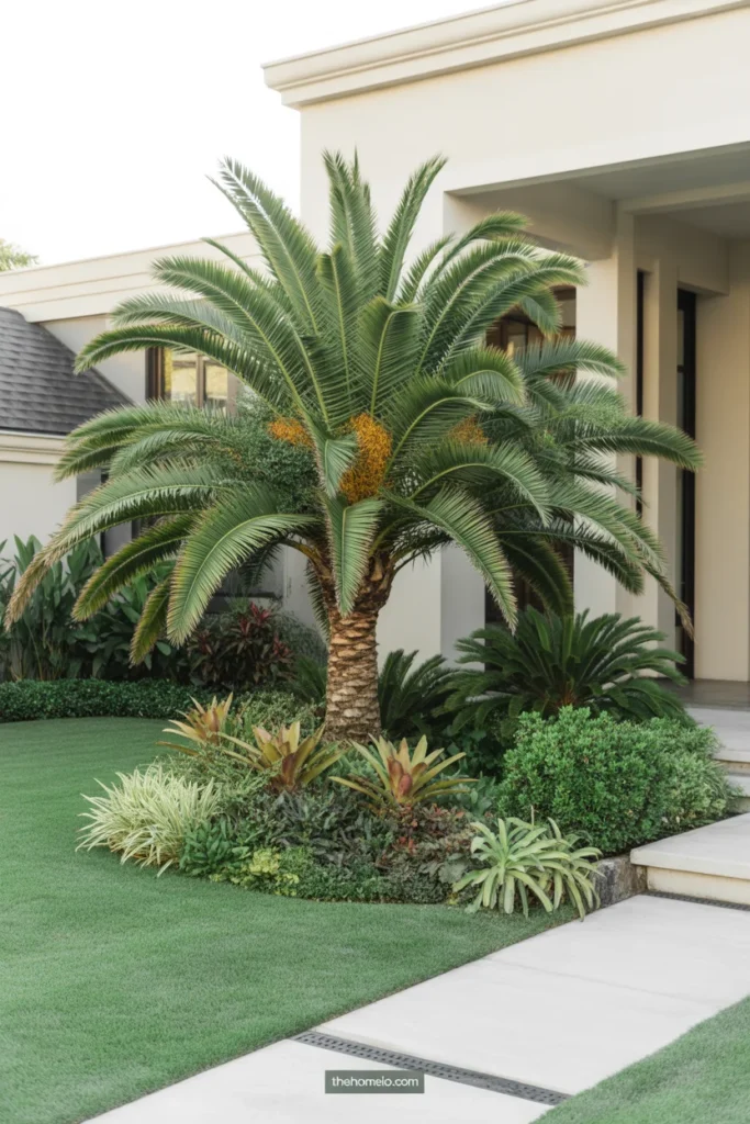 Front yard with one feature palm used as a clean focal point near the entry