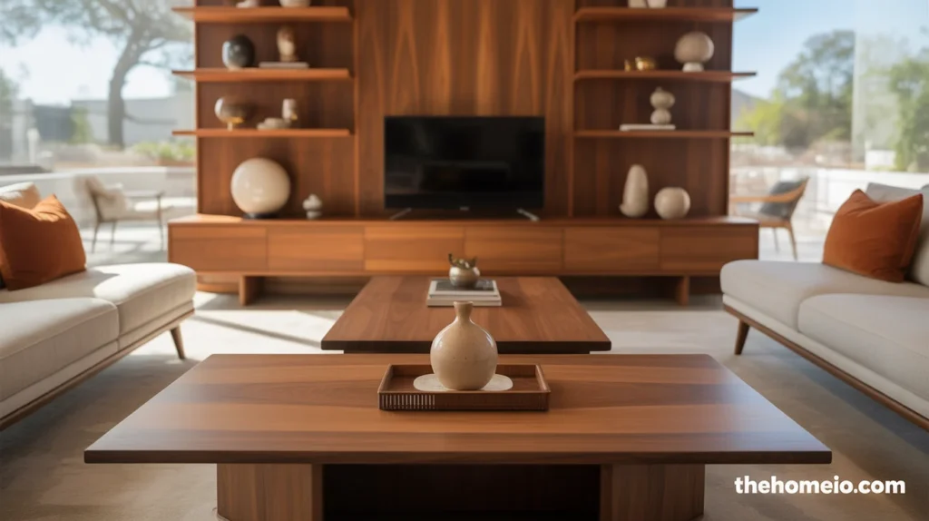 Mid century modern living room with walnut coffee table and matching wood media console