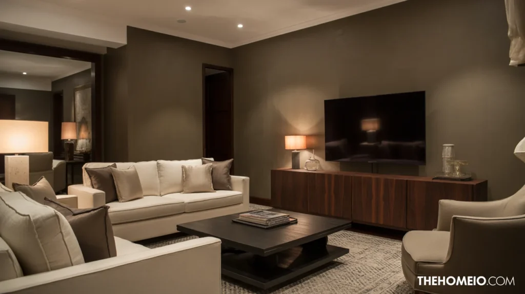 Dark neutral living room with warm charcoal taupe walls and cream seating