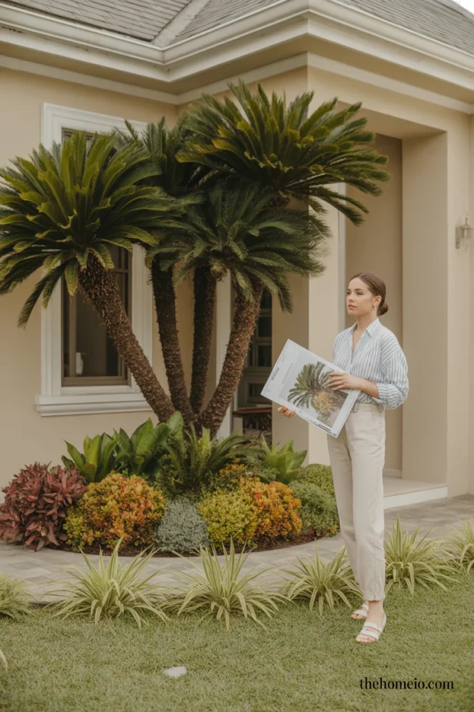 Front yard corner planted with clumping palms for soft privacy and structure