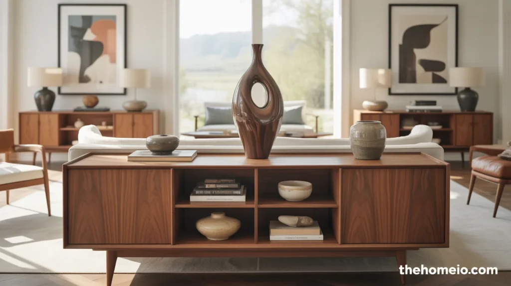 Mid century modern living room with styled walnut sideboard, books, ceramics, and art