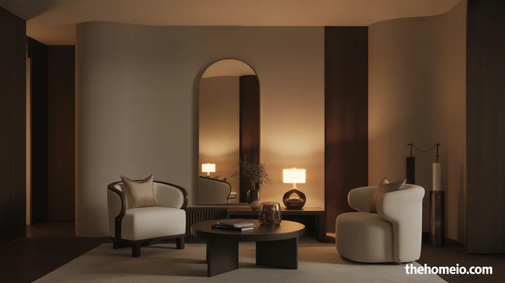 Moody neutral living room with curved chair, round table, and arched mirror