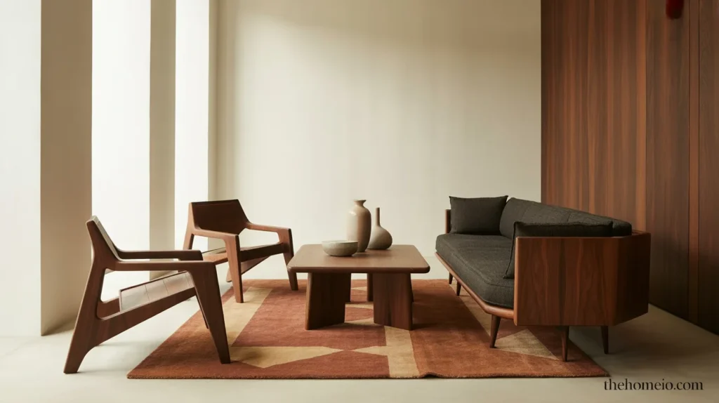 Small apartment living room with one sculptural mid-century lounge chair