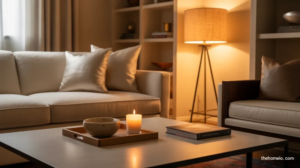 Cozy living room with lightly styled coffee table and warm layered decor