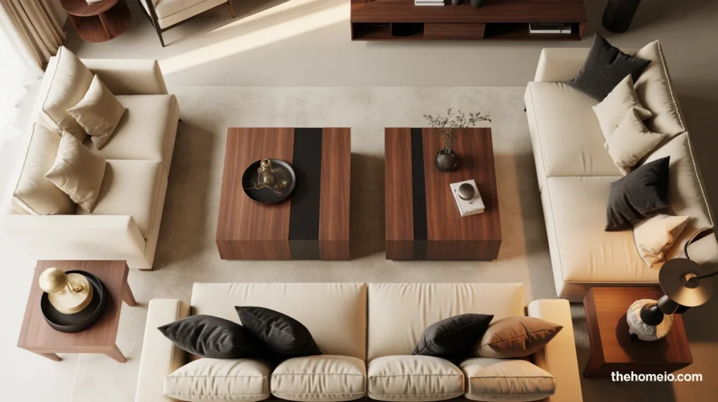 Contemporary living room with warm neutrals, dark wood, and soft black accents