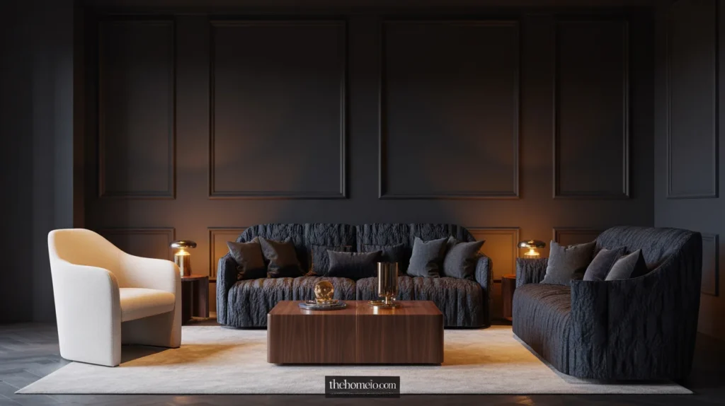 Moody living room balanced with one cream accent chair and a light rug