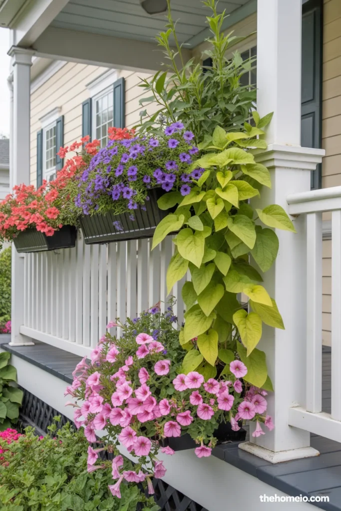 American home front porch railing planters overflowing with trailing petunias sweet potato vine and calibrachoa in summer color