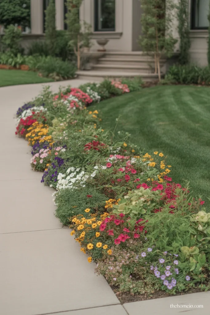 Narrow front yard flower bed softening the sidewalk edge with colorful flowers