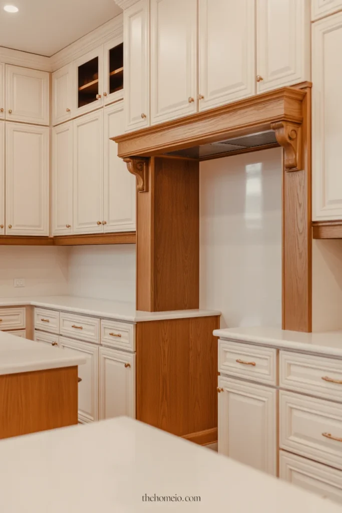 Cream kitchen cabinets with oak accents, white countertops, and gold hardware