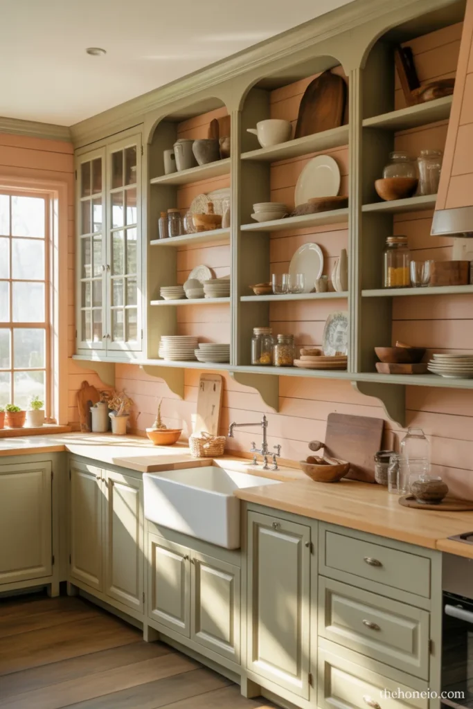 Farmhouse kitchen with open wood shelves styled with bowls, jars, and cutting boards