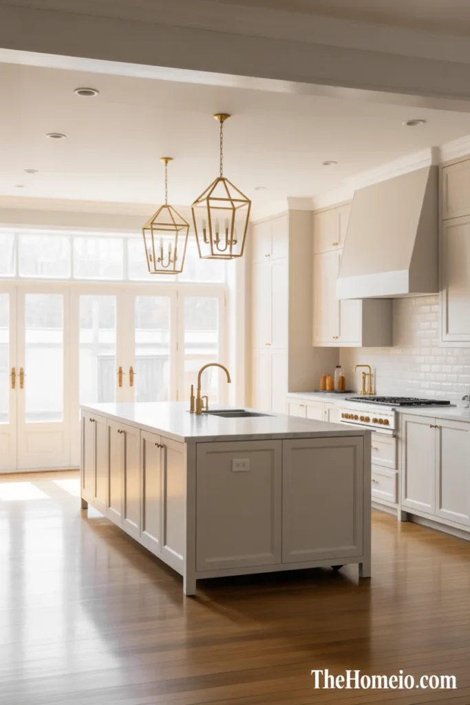 White kitchen with statement pendant lighting and brass accents