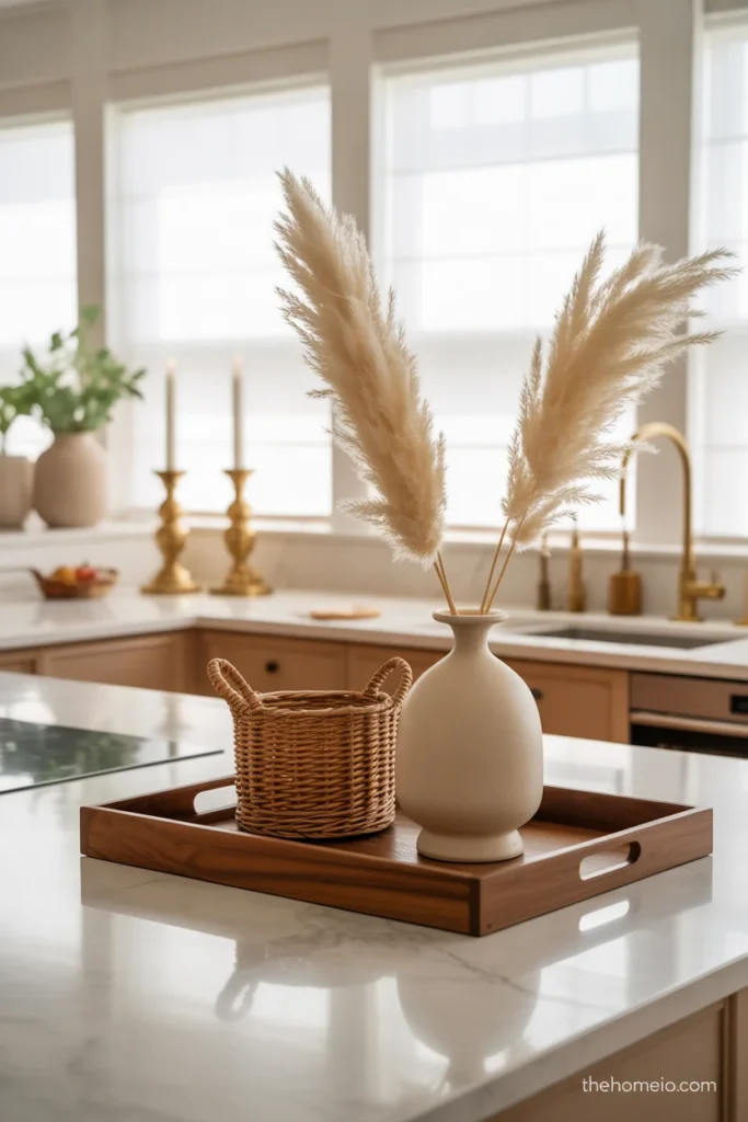 Kitchen counter styled with warm wood, ceramic, woven detail, and aged brass accents