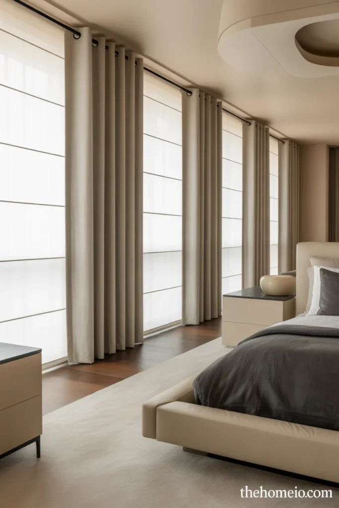 Modern bedroom with motorized blackout curtains on a concealed track