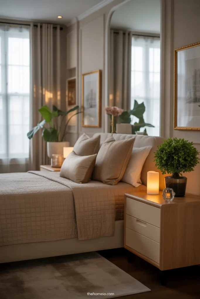 Bedroom makeover with framed art, mirror, plant, and simple personal decor