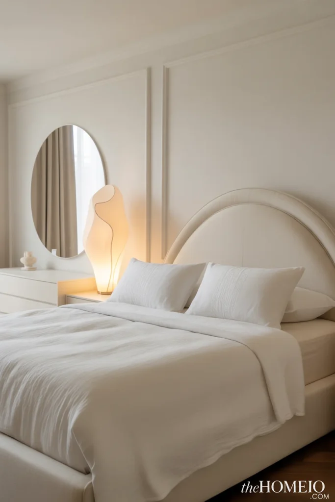 White bedroom with curved headboard, round mirror, and soft sculptural styling