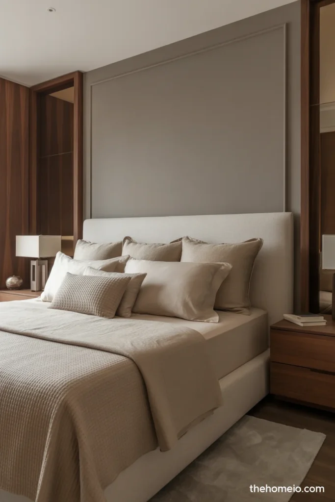 Grey bedroom with an upholstered headboard and textured layered bedding
