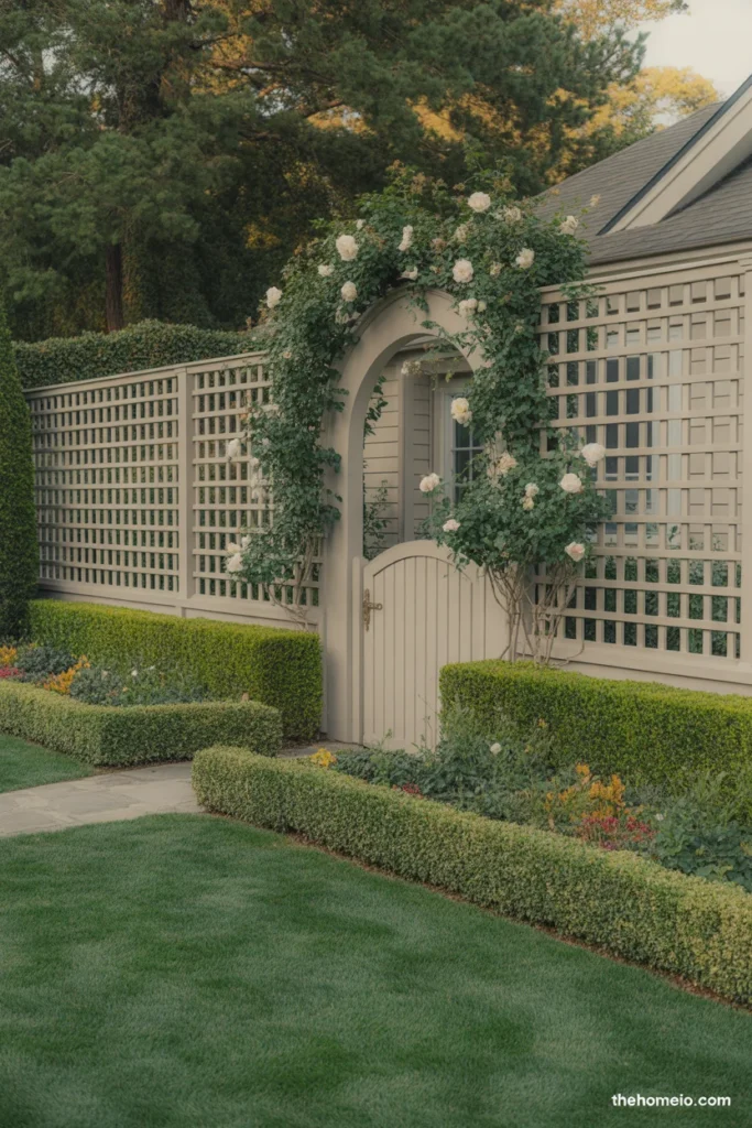 Front yard with a trellis fence and climbing plants for light privacy
