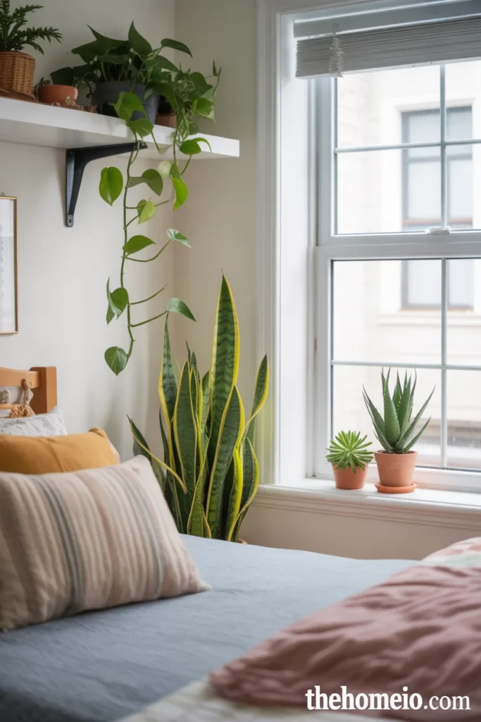 Cozy teen bedroom with pothos on floating shelf snake plant in corner and succulents on windowsill