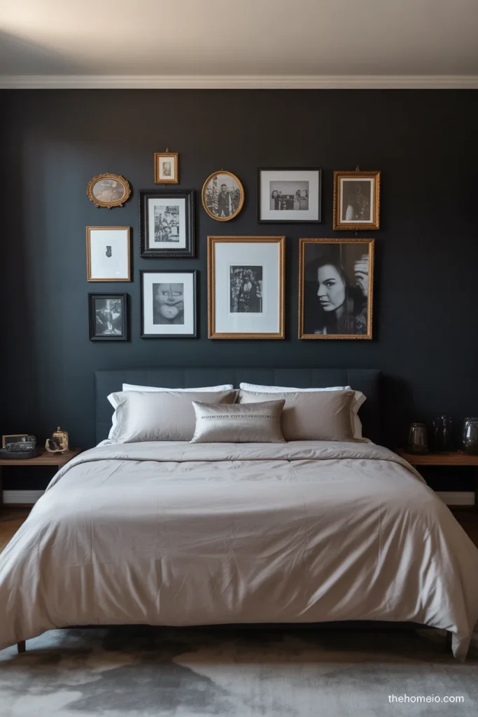 Black accent wall bedroom with curated gallery wall of mixed frames art prints and photos popping against dark background