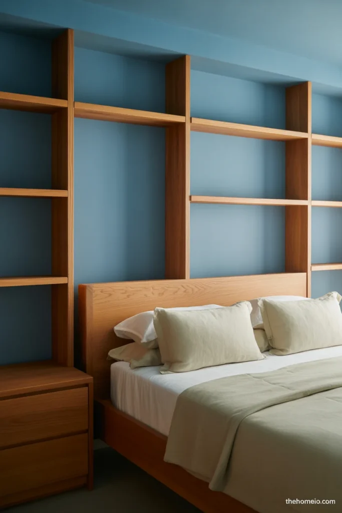 Modern bedroom with medium blue walls warm oak bed frame wood nightstands oak shelves and cream bedding