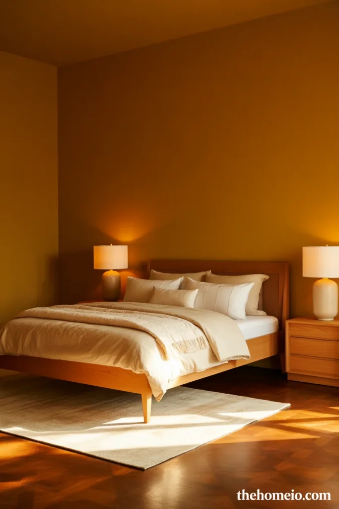 Rich warm bedroom with caramel amber walls cream bedding natural wood frame and ceramic lamps with amber glow