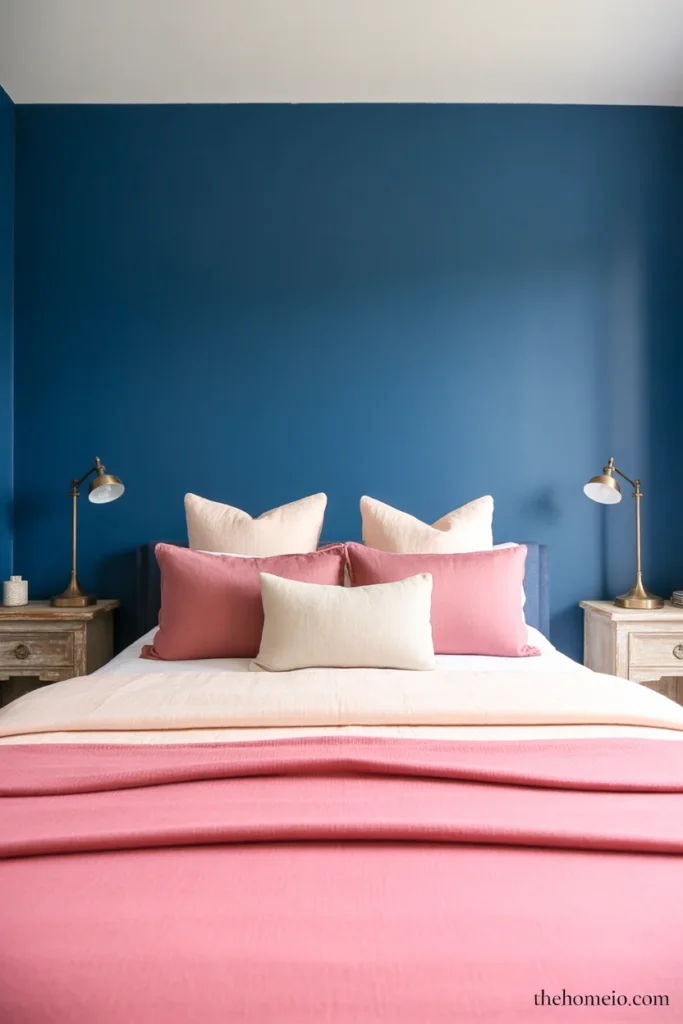 Striking bedroom with deep navy accent wall dusty pink bedding cream duvet brass lamps and wood nightstands