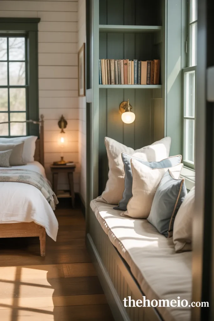 Cozy farmhouse bedroom with window seat reading nook cushion throw pillows bookshelf and wall lamp on sage green wall
