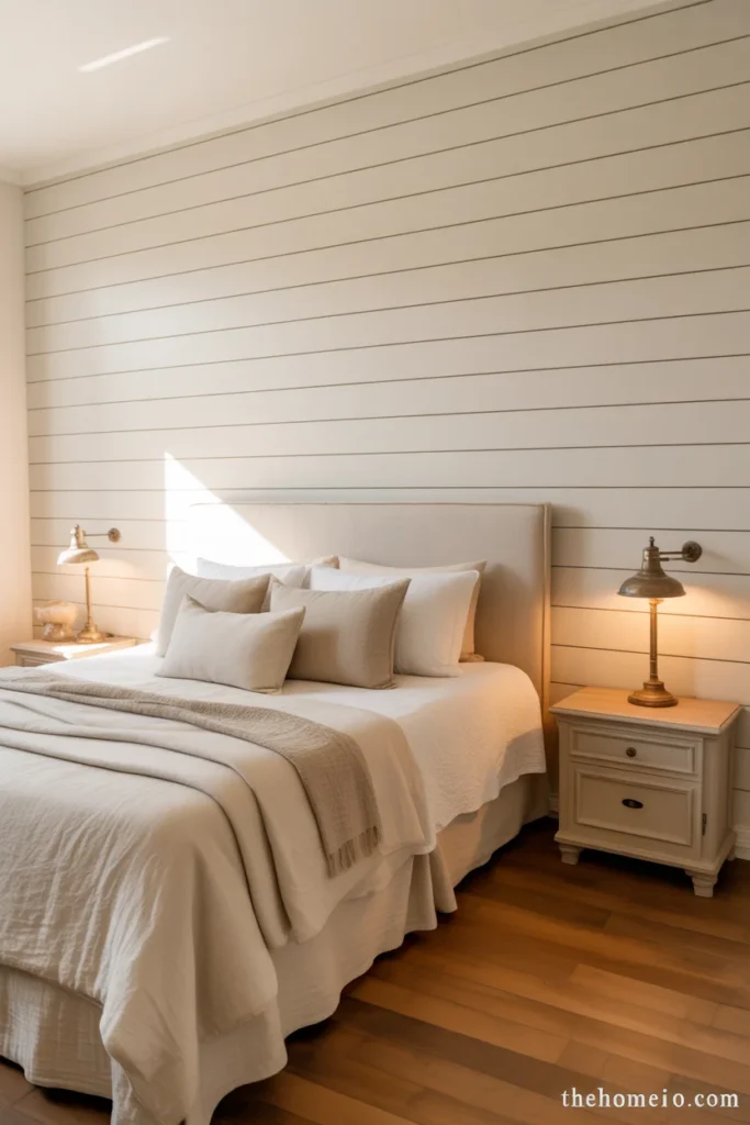 Cozy bedroom with white shiplap accent wall linen upholstered headboard cream bedding and aged brass table lamps