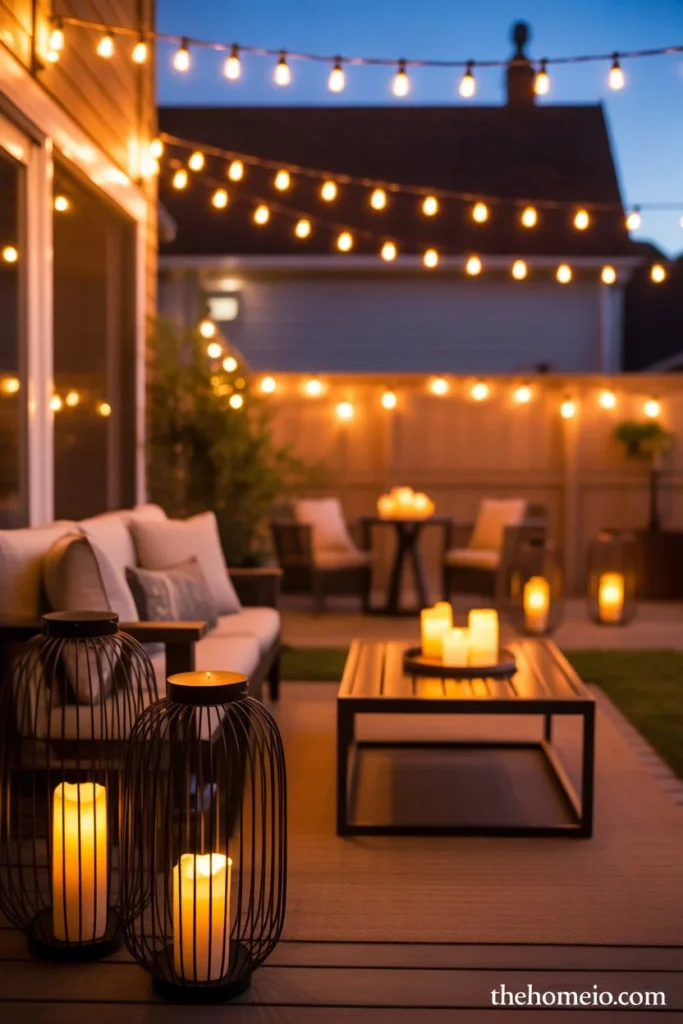 American backyard patio at night with layered lighting including floor lanterns table lanterns candles and Edison string lights overhead