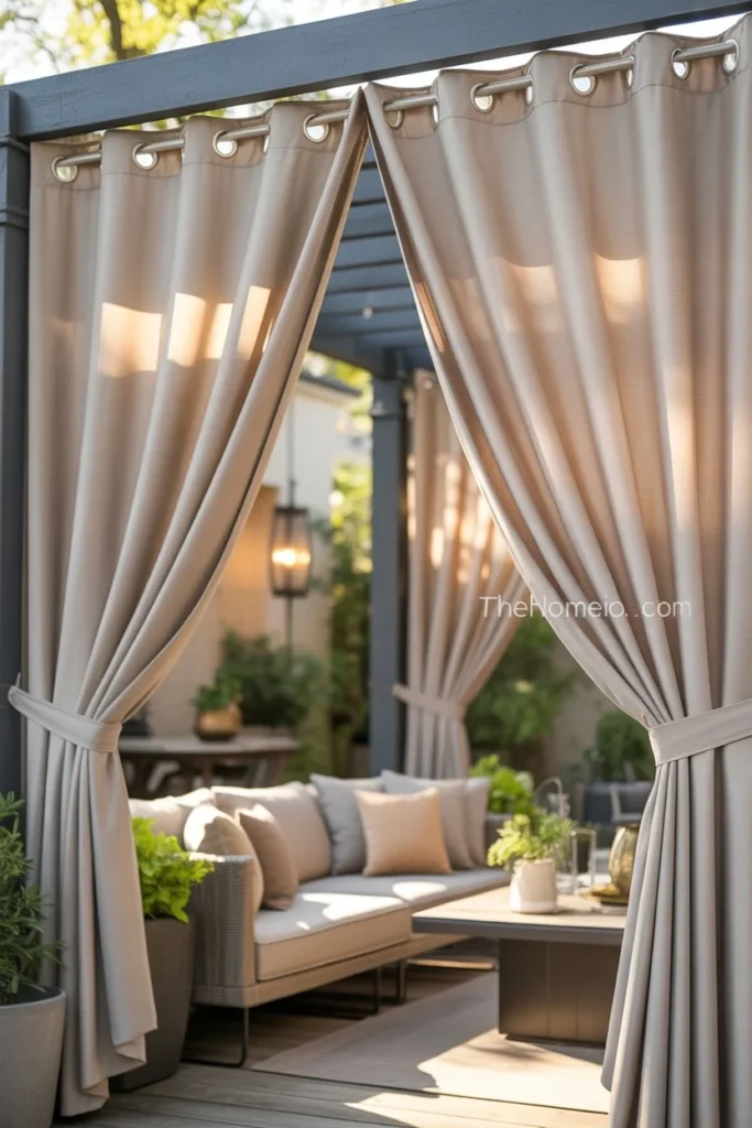 Patio with grommet-top curtains, smooth draping over a rod, seating with neutral cushions, subtle decor elements like lanterns, soft natural light, modern American backyard look, realistic and inviting,