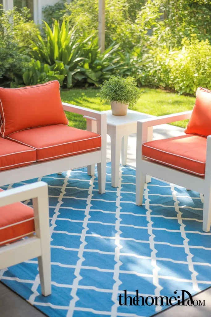Cheerful backyard patio with vivid blue and white pattern outdoor rug white chairs coral cushions in bright summer sunlight