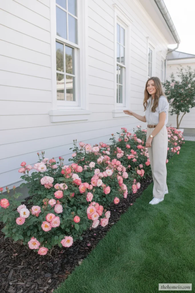 Loropetalum shrubs with burgundy foliage and pink blooms planted at front of house in full sun