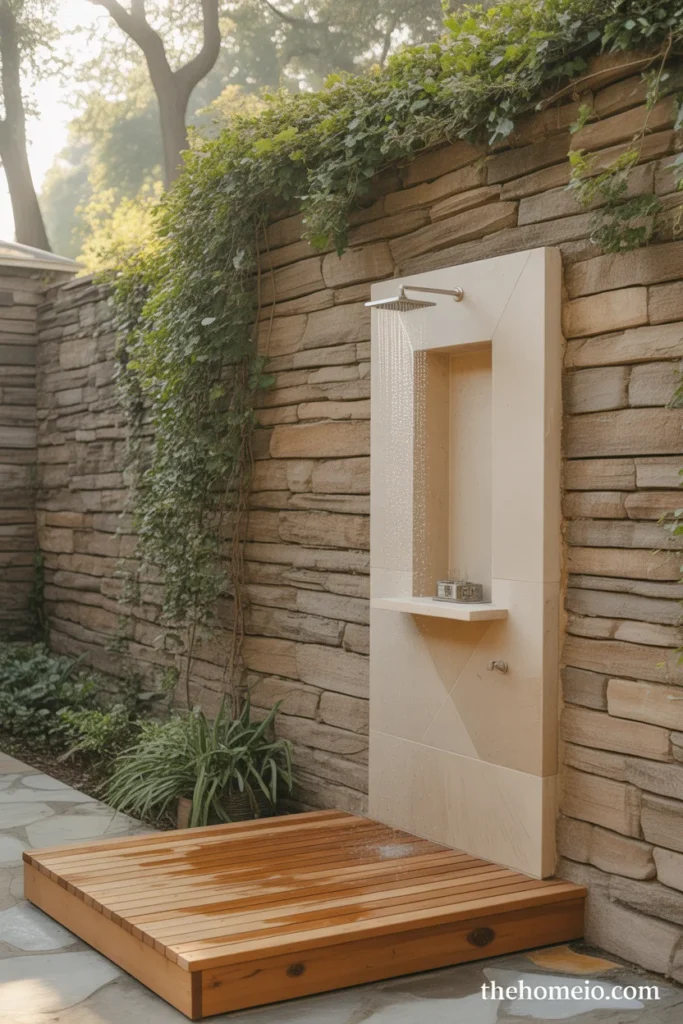 outdoor shower integrated into natural fieldstone garden wall with recessed shower niche built-in shelf and duck board floor