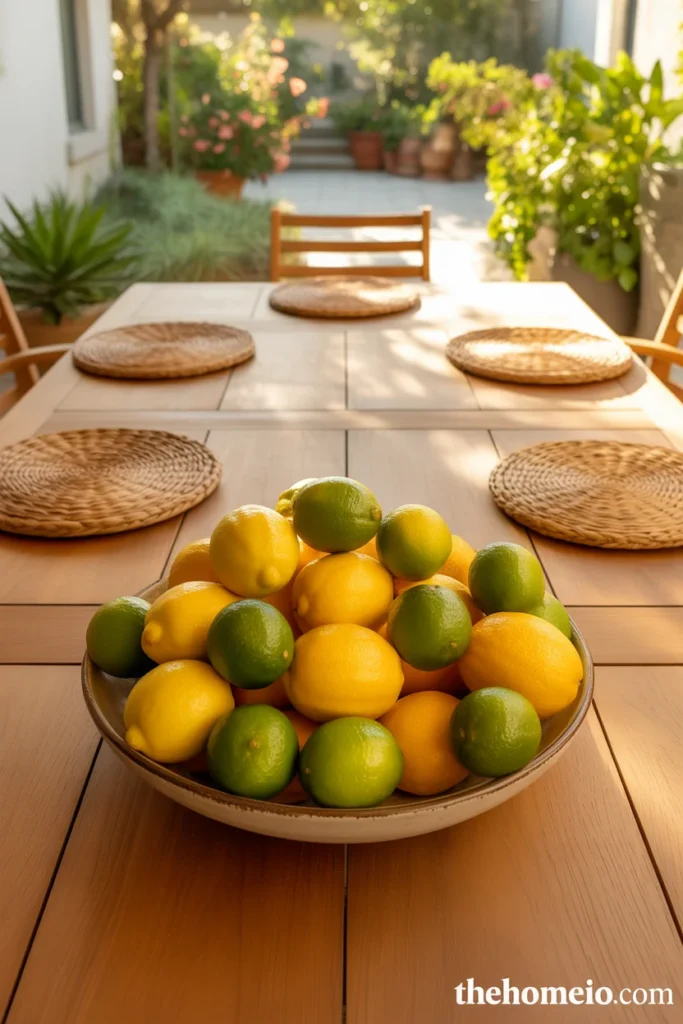patio table with large ceramic bowl overflowing with bright lemons and limes as natural fruit centerpiece with rattan placemats