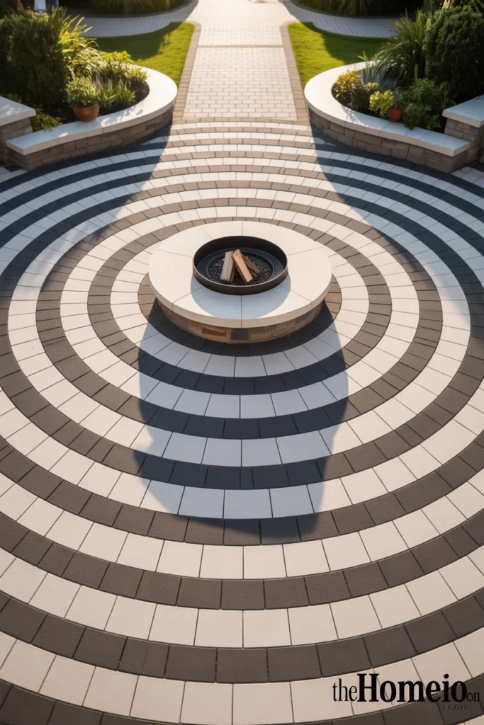 backyard with circular paver patio featuring alternating cream and charcoal concentric rings with fire pit at center