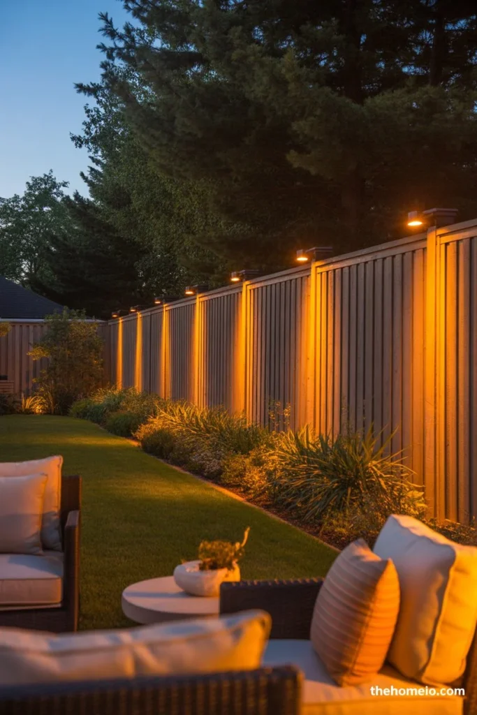 dusk with low-voltage LED landscape lighting along full fence line uplighting garden beds and defining yard perimeter