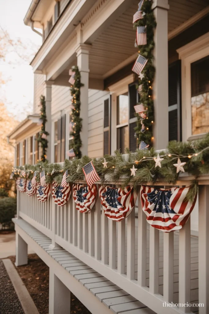 home front porch with red white and blue ribbon garland draped in swags along full railing with star ornaments flags and twinkle lights