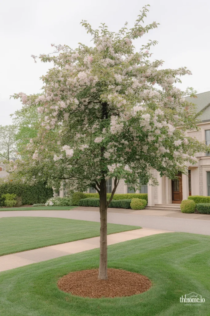 Front yard with a compact flowering crabapple used as a specimen tree