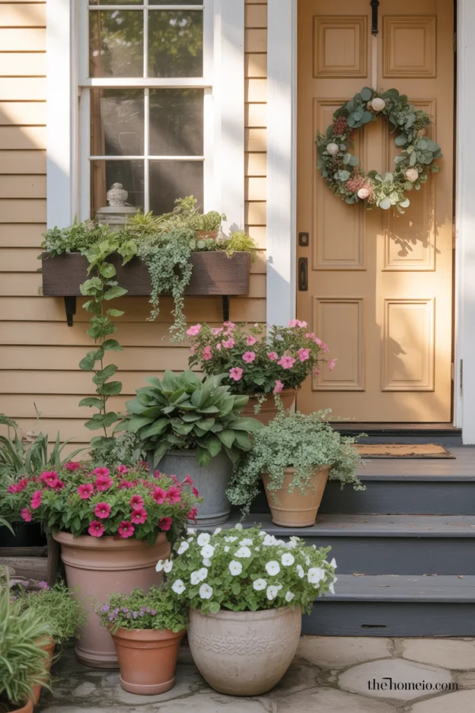 Front porch entry garden with large flower pots on steps window box and wreath on door