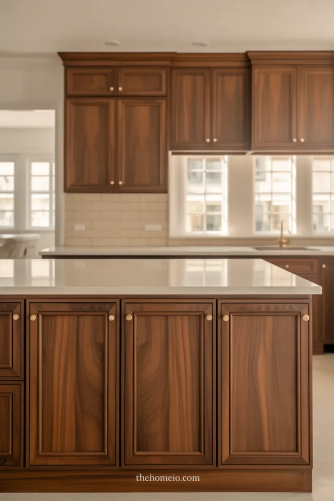 Kitchen with deep brown walnut-toned cabinets, creamy backsplash, and brass hardware