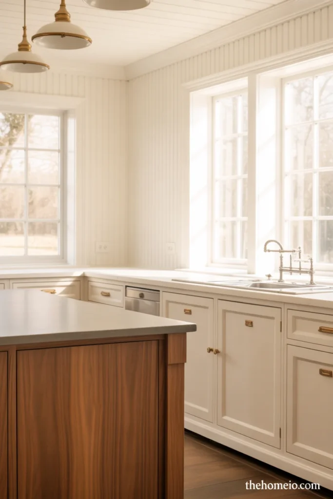 Rustic kitchen with beadboard walls, warm white cabinets, and wood accents