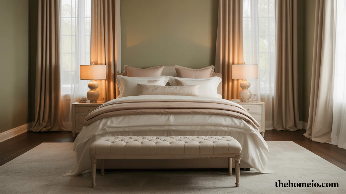 Stylish bedroom makeover ideas with layered bedding, warm wall color, rug, curtains, and bedside lamps