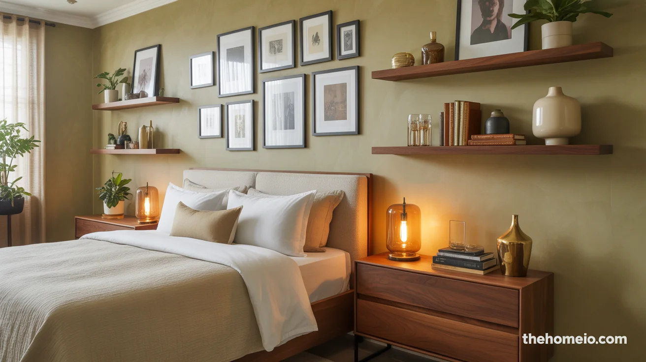 bedroom with gallery wall floating shelves limewash textured walls linen headboard cream bedding and brass lamps