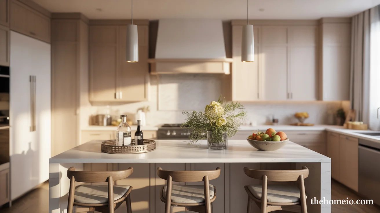 Modern kitchen island styled with a tray, flowers, fruit bowl, and pendant lighting