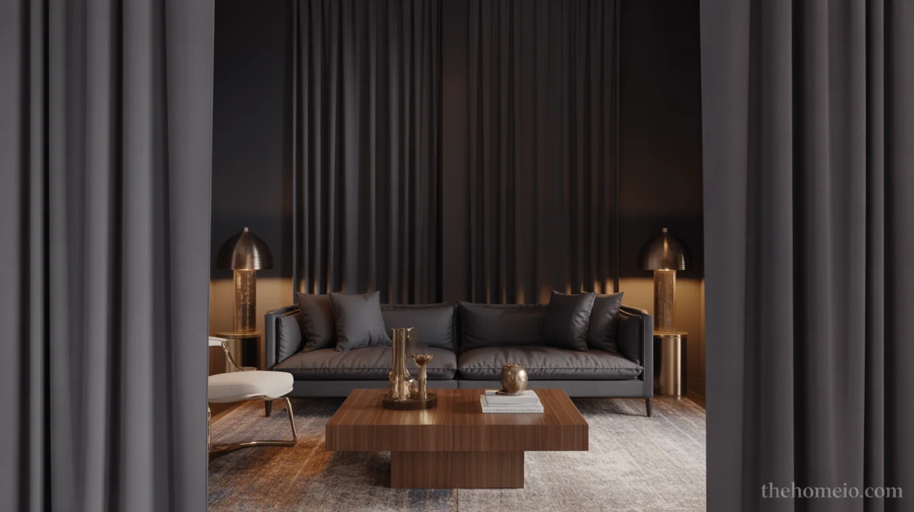 Moody living room ideas with charcoal walls, walnut table, layered lighting, and heavy curtains