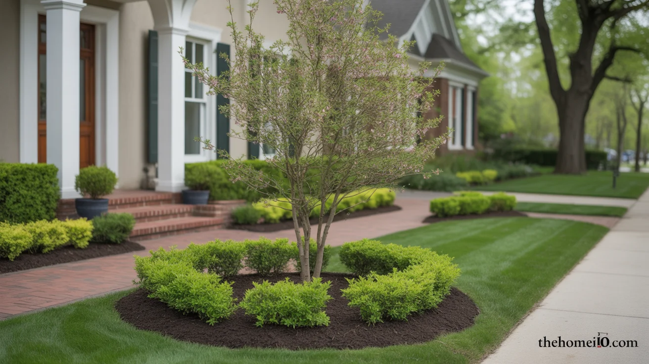 Front yard with a small ornamental tree planted safely away from the house and walkway