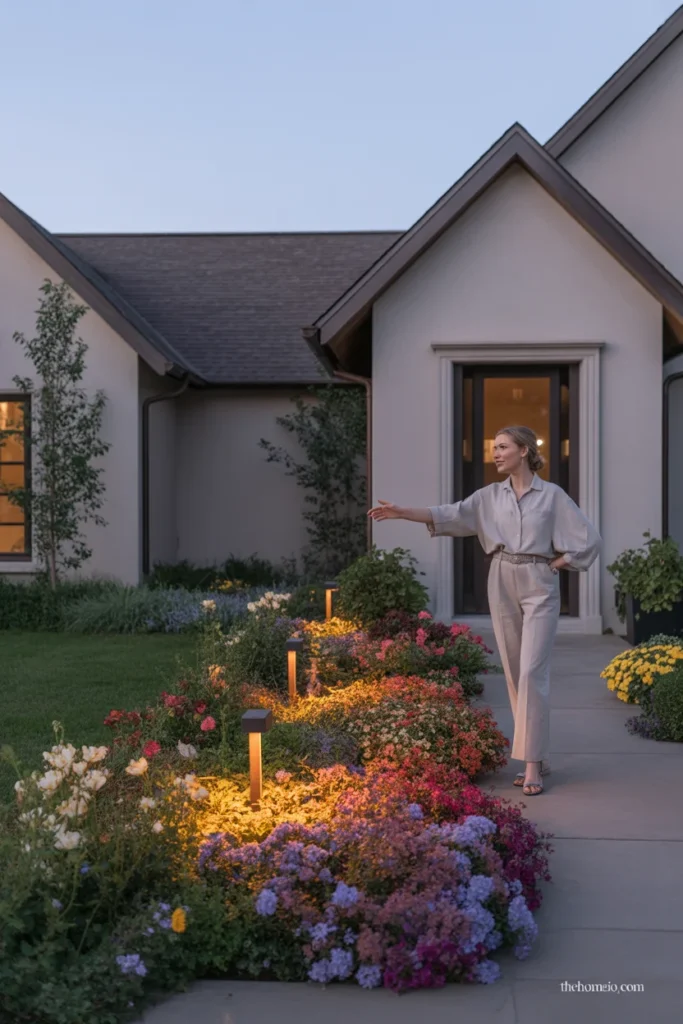 Front yard flower bed with path lights and soft evening landscape lighting