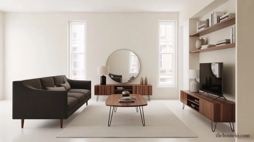Small mid century modern living room with slim furniture and an airy layout